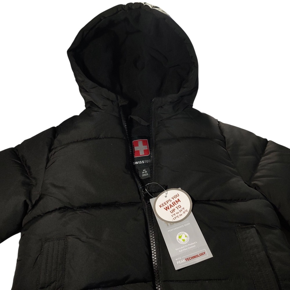 New Swiss Tech Puffer Jacket Black Hooded‎ Pockets Tags Boys X Small Four Five